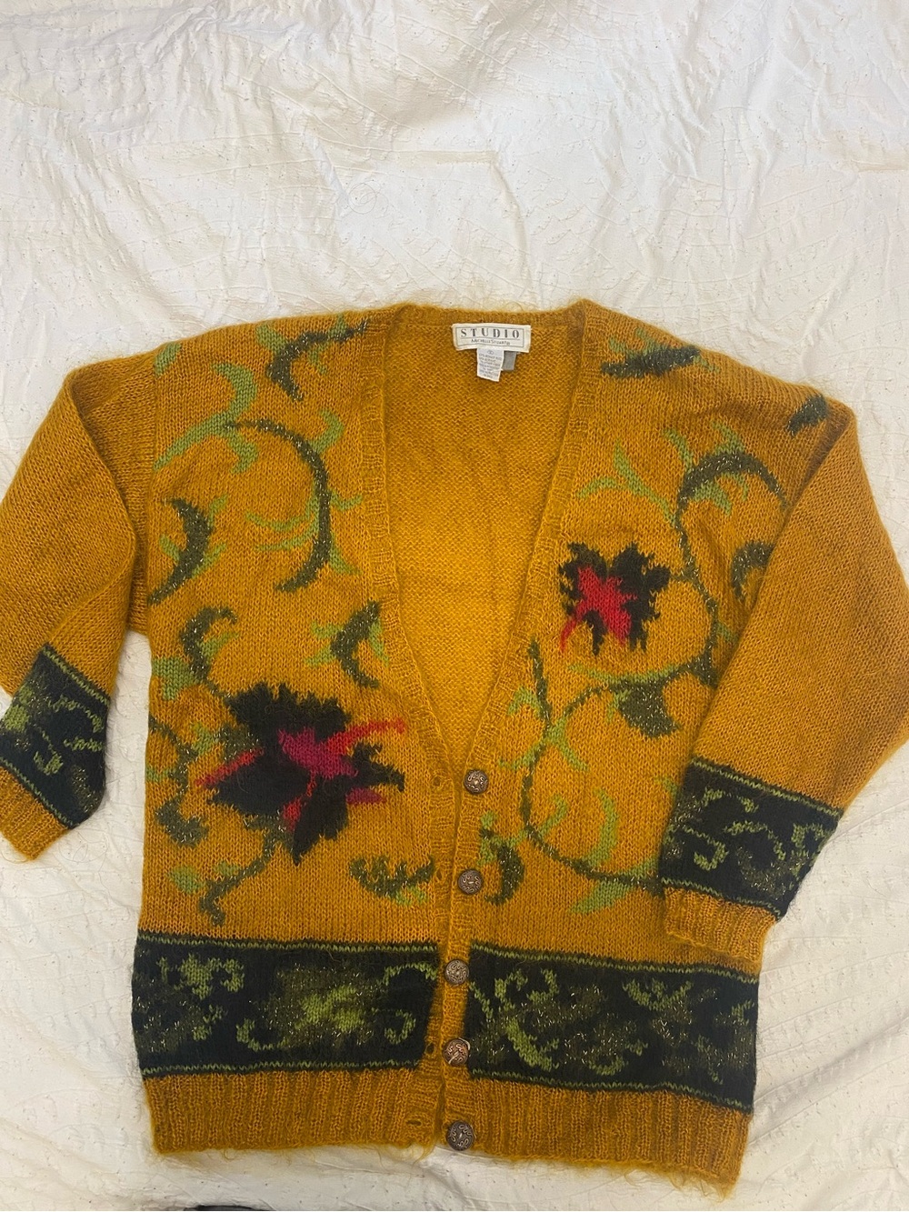 Studio Mustard Floral Intarsia Button-Front Cardigan